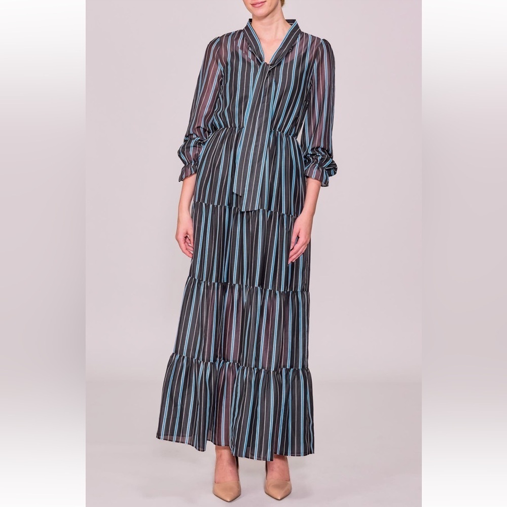 MELLODAY brown blue Stripe Bow Tiered
Maxi Dress NWT
